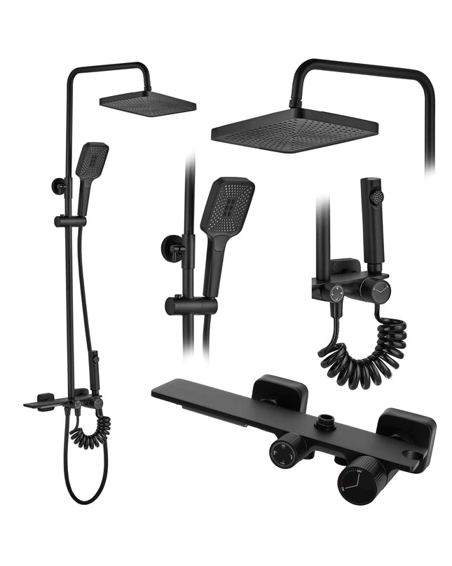 Coloana de duş Mat Black Elegance, Cu 4 functii de spalare, si scurgere tip cascada