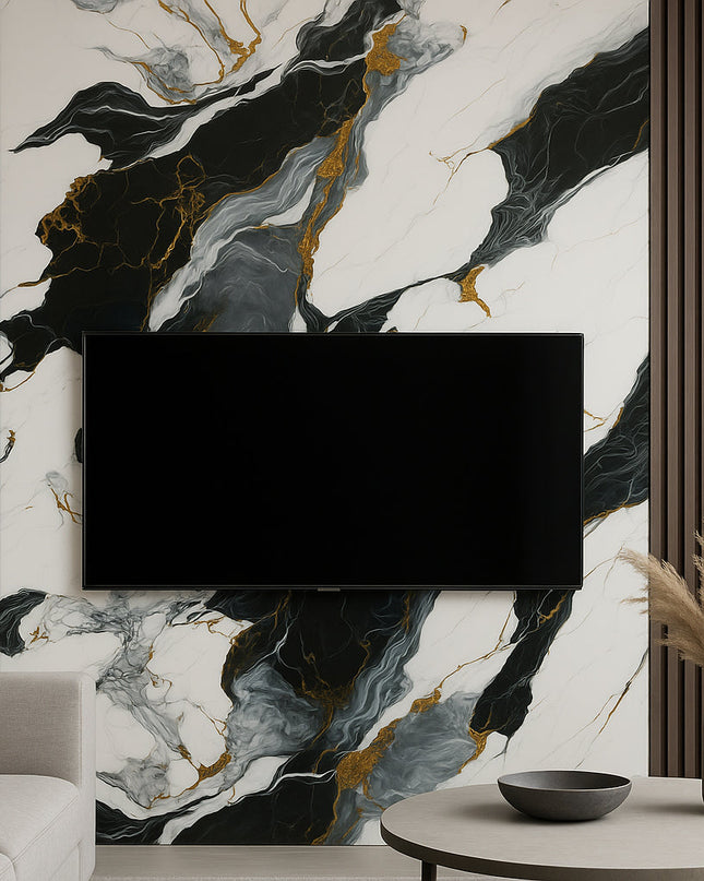 Placă Decorativă PVC – Golden Graphite Shine, Marmură Gri-Auriu