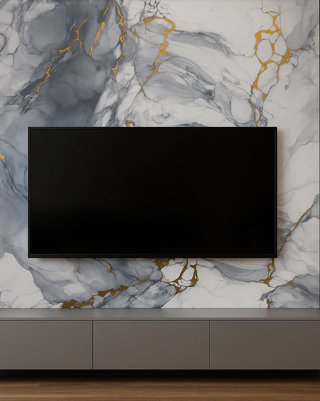 Placă Decorativă PVC – Azure Royal Shine, Marmură Albastră cu Accente Aurii