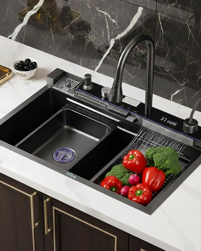 [LICHIDARE STOC] Chiuveta Inteligenta cu LED Ambiental, display digital, cap extensibil cu 3 jeturi, Accesorii, Gri Antracit