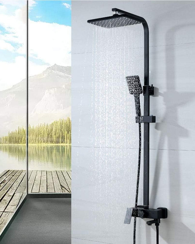 Set coloană duș, negru mat cu cap rotund tip ploaie și duș de mână, sistem complet cu mixer apă caldă/rece, VST92