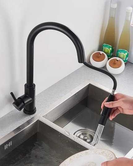 Baterie de Chiuvetă pentru  Bucătărie  – Pipă Retractabilă, Rotativă 360°,  Negru, VST124