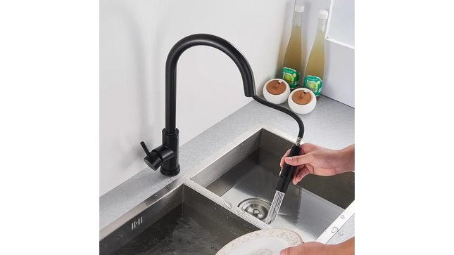 Baterie de Chiuvetă pentru  Bucătărie  – Pipă Retractabilă, Rotativă 360°,  Negru, VST124