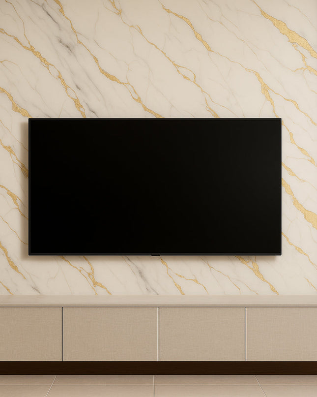 Placă Decorativă PVC – Soft Glow Shine, Marmură Albă cu Accente Galbene