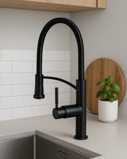 Baterie Bucătărie Neagră Tip Industrial cu Furtun Flexibil – Design Modern și Practic, vst128