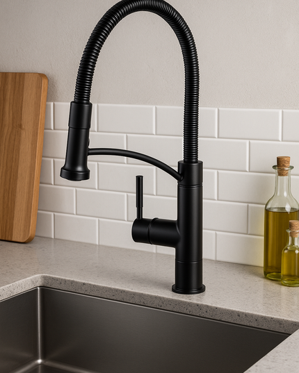 Baterie Bucătărie Neagră Tip Industrial cu Furtun Flexibil – Design Modern și Practic, vst128