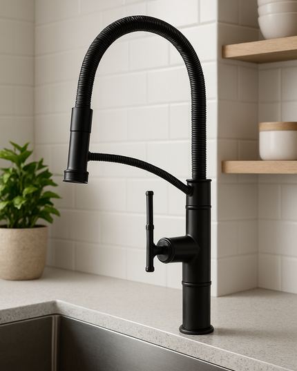 Baterie Bucătărie Neagră Tip Industrial cu Furtun Flexibil – Design Modern și Practic, vst128
