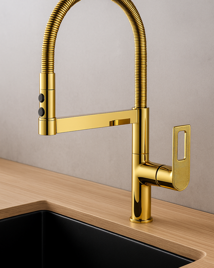 Baterie Bucătărie auriu 49 cm cu Duș Extractibil și Rotire 360° – Design Modern și Funcționalitate Superioară, vst58
