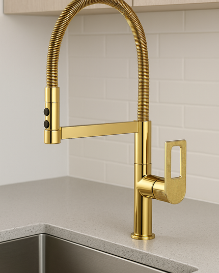 Baterie Bucătărie auriu 49 cm cu Duș Extractibil și Rotire 360° – Design Modern și Funcționalitate Superioară, vst58