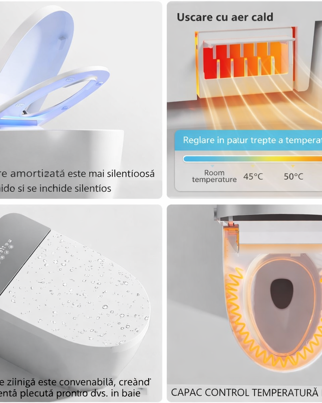 Vas Toaletă Inteligent scurgere vertical cu Spălare Automată, Scaun Încălzit și Uscare cu Aer Cald, inchidere/deschidere automata, scurgere laterala