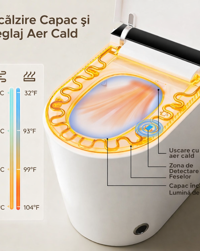 Vas Toaletă Inteligent scurgere vertical cu Spălare Automată, Scaun Încălzit și Uscare cu Aer Cald, inchidere/deschidere automata, scurgere laterala