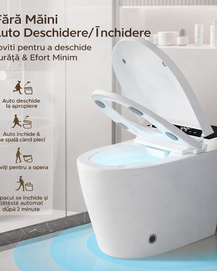 Vas Toaletă Inteligent scurgere vertical cu Spălare Automată, Scaun Încălzit și Uscare cu Aer Cald, inchidere/deschidere automata, scurgere laterala