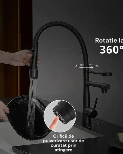 Baterie Bucătărie Premium cu Duș Extractibil, Rotire 360°, Furtun Flexibil, Monocomandă, Cartuș Ceramic, Negru Mat
