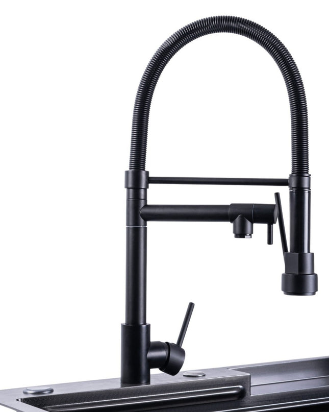 Baterie Bucătărie Premium cu Duș Extractibil, Rotire 360°, Furtun Flexibil, Monocomandă, Cartuș Ceramic, Negru Mat