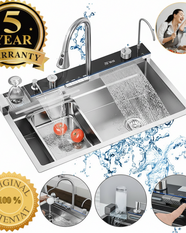 [ LICHIDARE STOC ] Chiuveta inteligenta, Culoare Chrom lucios, LED Ambiental, Display digital, 75x45 cm