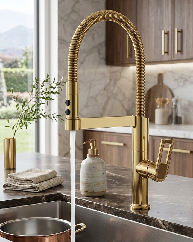 Baterie Bucătărie auriu 49 cm cu Duș Extractibil și Rotire 360° – Design Modern și Funcționalitate Superioară, vst58