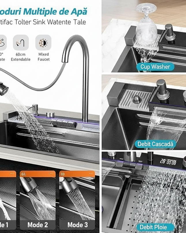 [ LICHIDARE STOC ] Chiuveta inteligenta, Culoare Chrom lucios, LED Ambiental, Display digital, 75x45 cm