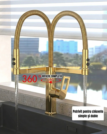 Baterie Bucătărie auriu 49 cm cu Duș Extractibil și Rotire 360° – Design Modern și Funcționalitate Superioară, vst58