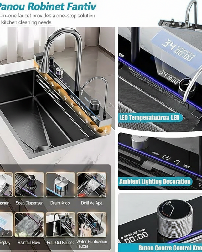 [ LICHIDARE STOC ] Chiuveta inteligenta, Culoare Chrom lucios, LED Ambiental, Display digital, 75x45 cm