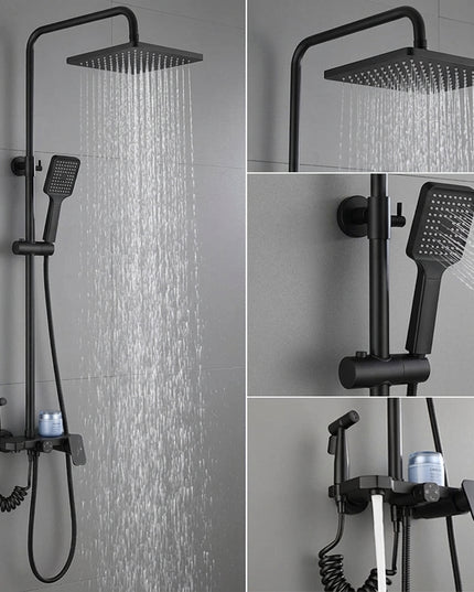 Set Baterie Perete pentru Baie și Duș Negru Mat, Design Modern cu Duș Rainfall, VST96