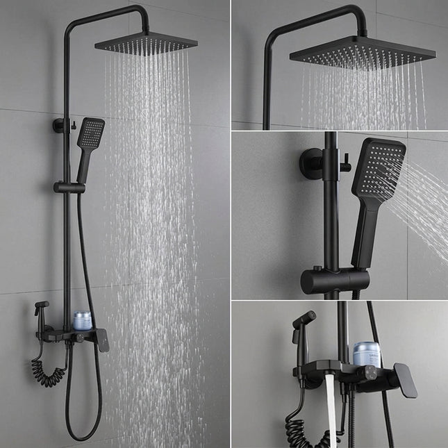 Set Baterie Perete pentru Baie și Duș Negru Mat, Design Modern cu Duș Rainfall, VST96