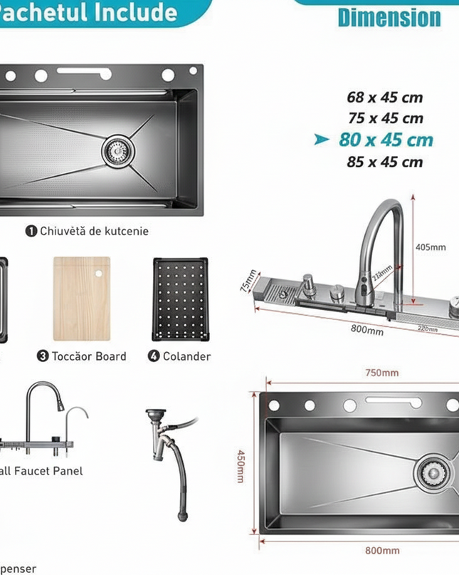 [ LICHIDARE STOC ] Chiuveta inteligenta, Culoare Chrom lucios, LED Ambiental, Display digital, 75x45 cm