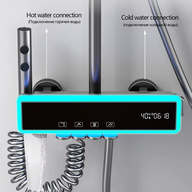 Set de dus Full Light, 4 functii de spalare, Negru mat, Banda LED, displey LED