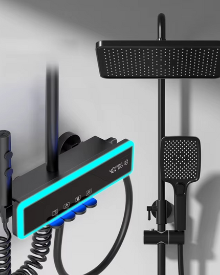 Set de dus Full Light, 4 functii de spalare, Negru mat, Banda LED, displey LED