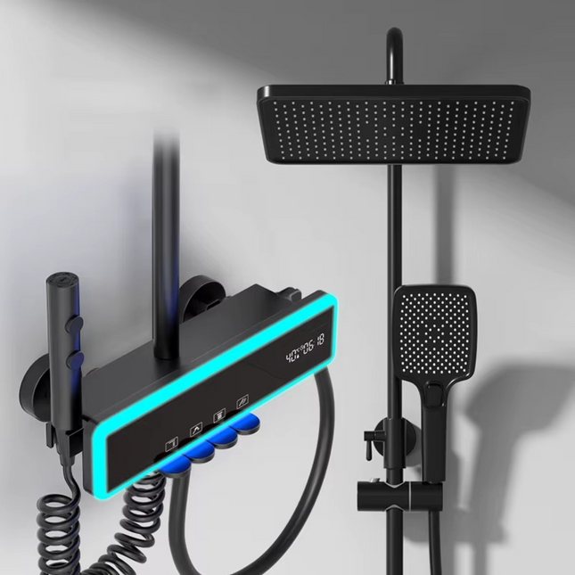 Set de dus Full Light, 4 functii de spalare, Negru mat, Banda LED, displey LED