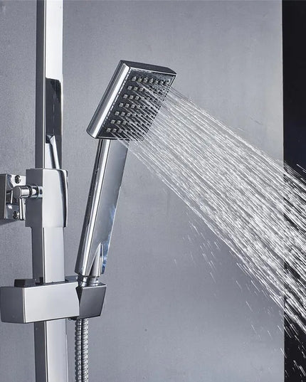 Set Coloană Duș Cromat Gri cu Cap Pătrat Tip Ploaie – Sistem Duș Complet cu Mixer, Duș de Mână și Braț Fix, VST91