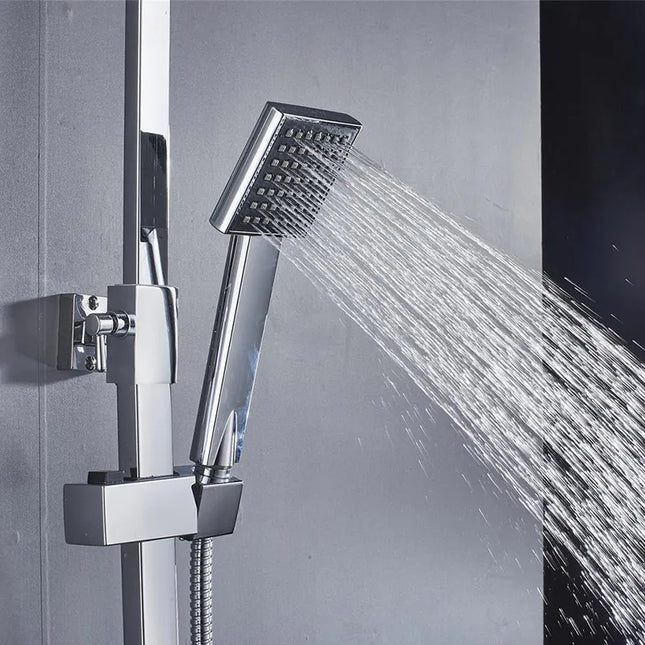 Set Coloană Duș Cromat Gri cu Cap Pătrat Tip Ploaie – Sistem Duș Complet cu Mixer, Duș de Mână și Braț Fix, VST91