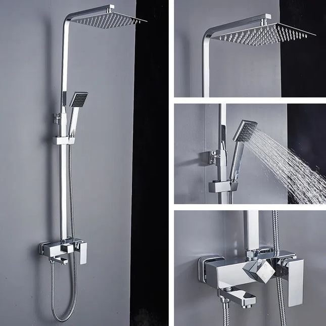Set Coloană Duș Cromat Gri cu Cap Pătrat Tip Ploaie – Sistem Duș Complet cu Mixer, Duș de Mână și Braț Fix, VST91