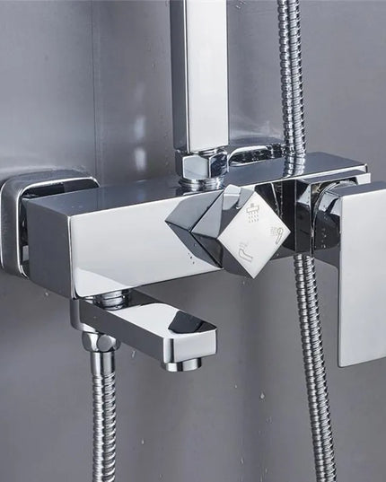 Set Coloană Duș Cromat Gri cu Cap Pătrat Tip Ploaie – Sistem Duș Complet cu Mixer, Duș de Mână și Braț Fix, VST91