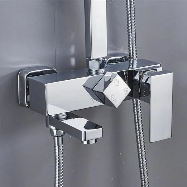 Set Coloană Duș Cromat Gri cu Cap Pătrat Tip Ploaie – Sistem Duș Complet cu Mixer, Duș de Mână și Braț Fix, VST91