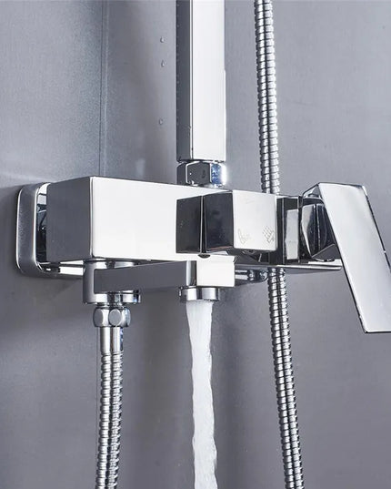 Set Coloană Duș Cromat Gri cu Cap Pătrat Tip Ploaie – Sistem Duș Complet cu Mixer, Duș de Mână și Braț Fix, VST91