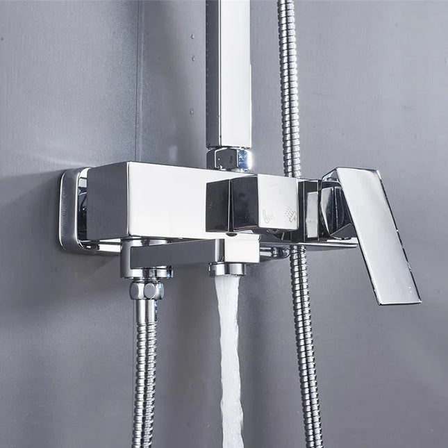 Set Coloană Duș Cromat Gri cu Cap Pătrat Tip Ploaie – Sistem Duș Complet cu Mixer, Duș de Mână și Braț Fix, VST91