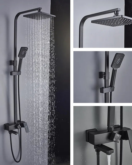 Set coloană duș, negru mat cu cap rotund tip ploaie și duș de mână, sistem complet cu mixer apă caldă/rece, VST92