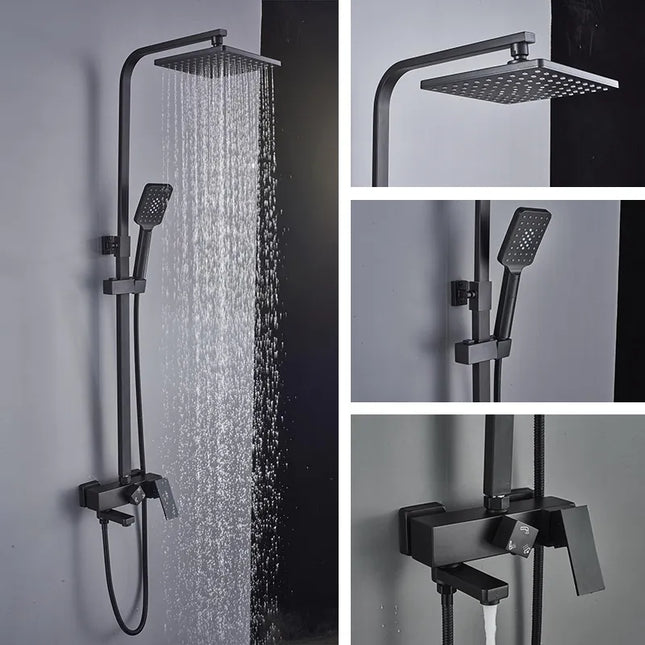 Set coloană duș, negru mat cu cap rotund tip ploaie și duș de mână, sistem complet cu mixer apă caldă/rece, VST92