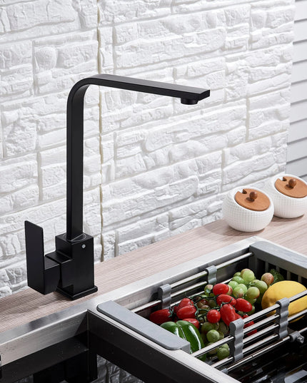 Baterie Bucătărie Minimalistă – Negru Mat, Cadru Pătrat, Monocomandă VST59