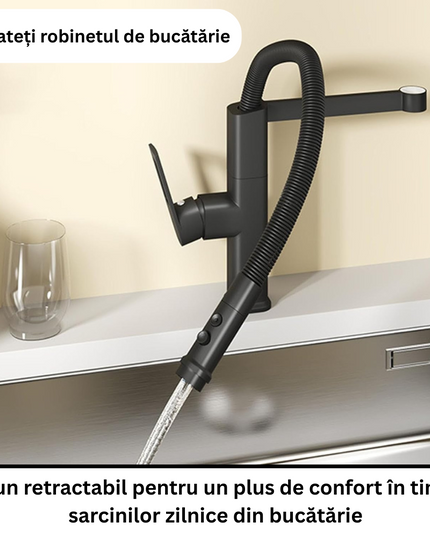 Baterie Bucătărie Negru Mat, 49 cm, Cu Duș Extractibil și Rotire 360°, VST57